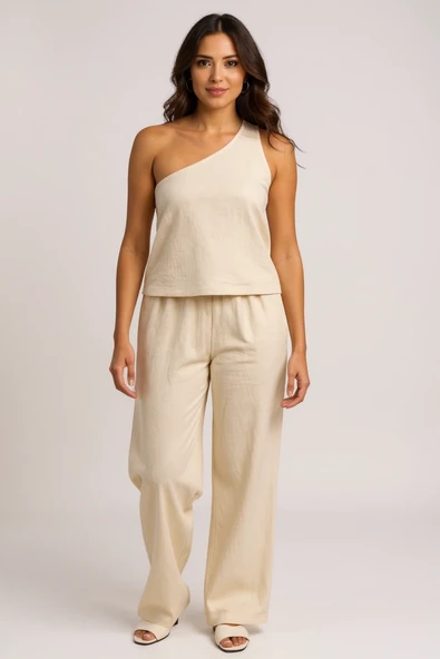 Kadın Beyaz Tek Omuzlu Şık Bluz & Geniş Paça Pantolon İkili Takım - Resim 3