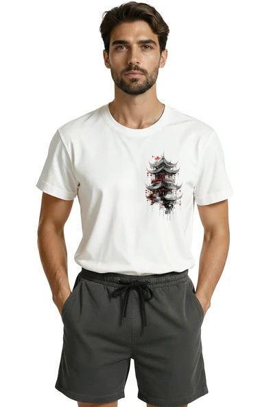 Mistik Uzak Doğu Pagoda ve Kırmızı Fenerler Baskılı Premium Erkek Tişört ürün görseli 1