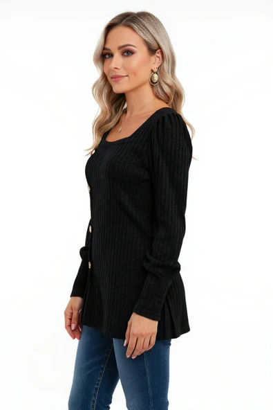 Kadın Uzun Kollu Düğmeli Mevsimlik Bluz - Yumuşak Dokulu, Esnek ve Sıcak Tutan Kumaş - Resim 3