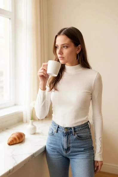 Kadın Beyaz Parmak Detaylı Esnek Uzun Kollu Body - Resim 3