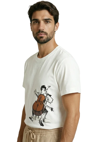 Sanatsal Çello Çalan Müzisyen Eskiz Baskılı Premium Erkek Tişört - Resim 2
