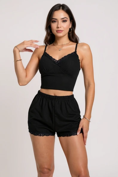 Kadın Siyah Alt ve Üst Dantel Detaylı Fiyonklu Şortlu Gecelik Takımı - Resim 2
