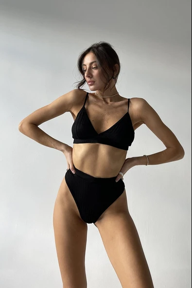 Kadın Siyah Yüksek Bel Dolgusuz Slip Takım - Modern, Konforlu ve Günlük Kombinlere Uygun - Resim 2