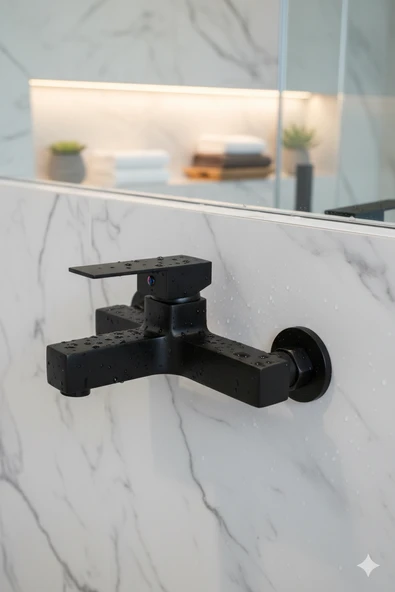 Banyo Bataryası Pirinç Döküm Lüks Ağır Siyah Renk Kare Duş Musluğu - Resim 3