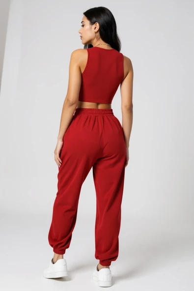 Kadın Kırmızı Kaşkorse Cepli Jogger Eşofman Altı ve Crop Top Bluz - Resim 3