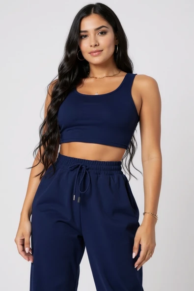 Kadın Lacivert Kaşkorse Cepli Jogger Eşofman Altı ve Crop Top Bluz - Resim 2