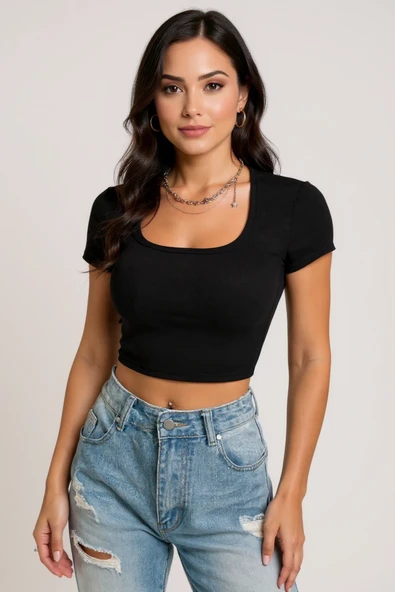 Kadın Siyah Yarım Kol Düz Yaka Crop Top Bluz - Şık, Rahat ve Kolay Kombinlenebilir - Resim 2