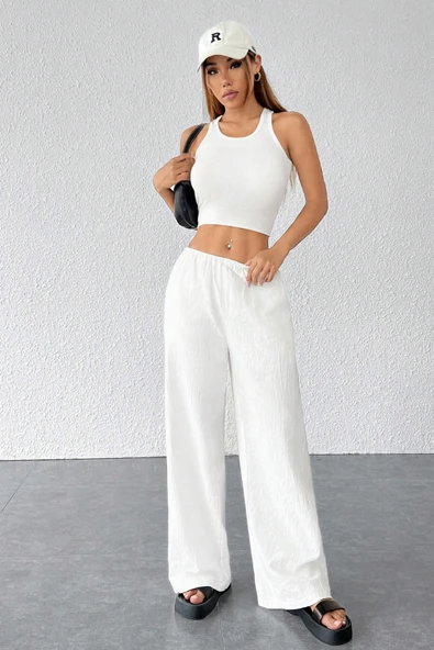 Kadın Beyaz Bol Kesim Cepli Geniş Paça Dökümlü Pantolon - Resim 5