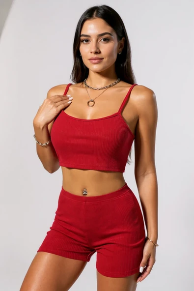 Kadın Kırmızı Şortlu Kaşkorse Gecelik Takım - Modern, Konforlu ve Günlük Kombinlere Uygun ürün görseli 1