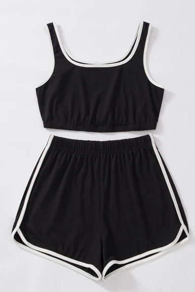 Kadın Siyah Askılı Crop Top ve Şortlu Gecelik Takım - Resim 2