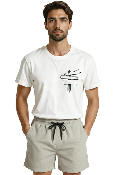 Eskiz Ahşap Yön Tabelası Baskılı Minimalist Tasarım Premium Erkek Tişört - Resim 6