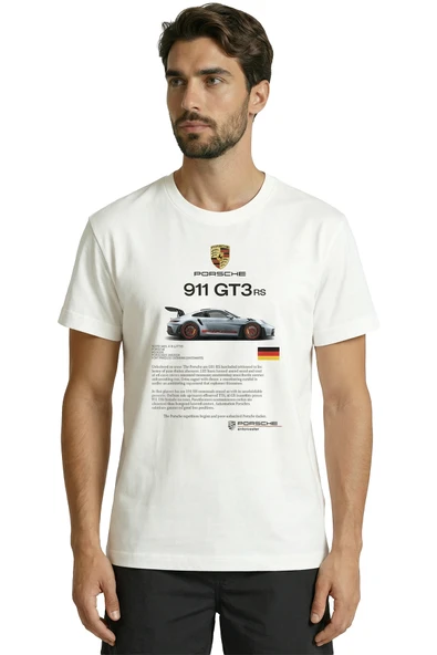 911 GT3 RS Spor Araba Baskılı Tasarım Premium Pamuk Erkek Tişört - Resim 2