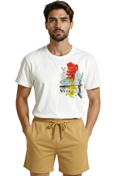 İstanbul Silüeti ve Tarihi Yarımada Sulu Boya Eskiz Baskılı Premium Erkek Tişört - Resim 6