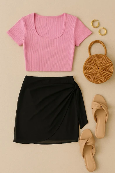 Kadın Pembe Yarım Kol Crop ve Siyah Pareo 2'li Set - Modern ve Şık Tasarım - Resim 3