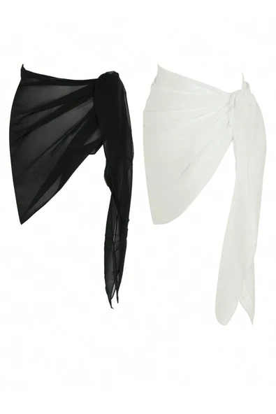 Kadın Siyah Beyaz Transparan Belden Bağlamalı Pareo 2'li - Modern ve Şık Tasarım - Resim 2