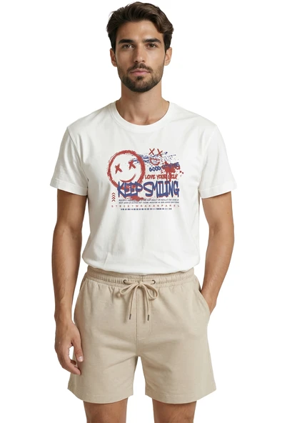 Graffiti Tarzı ''Keep Smiling'' ve Gülen Yüz Baskılı Streetwear Premium Erkek Tişört - Resim 6