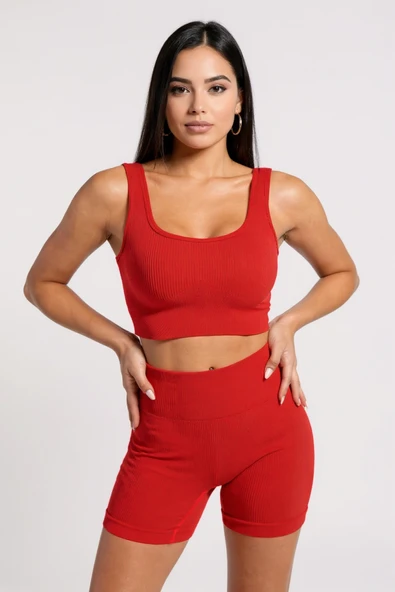 Kadın Kırmızı Kalın Askılı Yüksek Bel Şortlu Gecelik Takımı ürün görseli 1