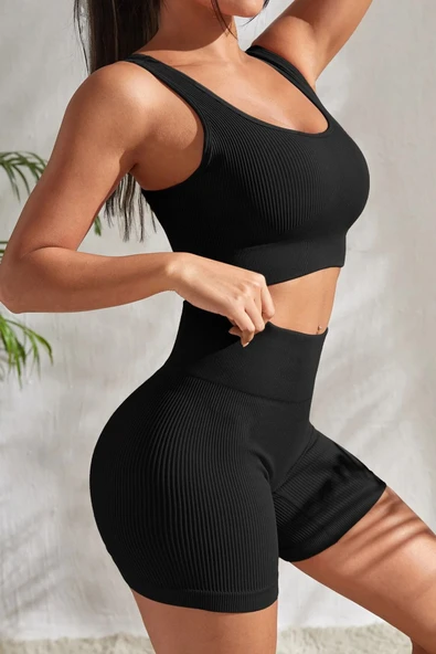 Kadın Siyah Kalın Askılı Yüksek Bel Şortlu Gecelik Takımı - Resim 5