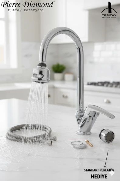 Mutfak Bataryası Baston Boru Krom Renk Tasarruf Başlıklı Eviye Musluğu Musluk Armatür - Resim 2