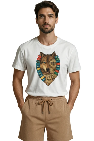 Türk Devletleri Bayraklı ve Göktürkçe Yazılı Bozkurt Tasarım Premium Erkek Tişört ürün görseli 1