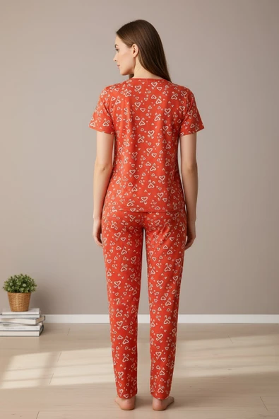 Kadın Turuncu Kalp Desenli Fiyonklu Kısa Kollu Uzun Pijama Takımı - Resim 8