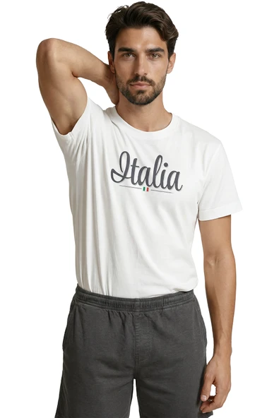 Zarif El Yazısı ''Italia'' ve Minimal Bayrak Baskılı Tasarım Premium Erkek Tişört - Resim 5