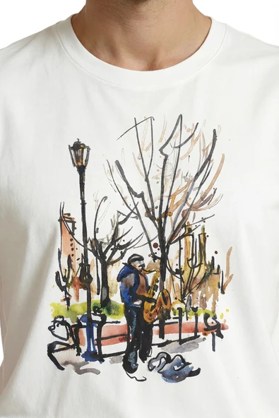 Sokak Müzisyeni Temalı Sanatsal Baskılı Premium Erkek Tişört - Resim 7