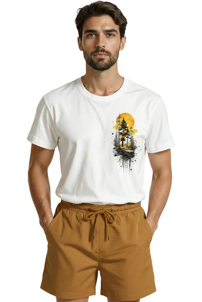 Orman ve Gün Batımı Temalı Sanatsal Doğa Baskılı Premium Erkek Tişört ürün görseli 1