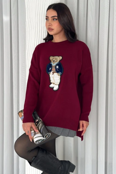 Ayıcıklı Triko Kazak - Aplike Ayıcık ve Yandan Yırtmaç Detaylı Arkadan Uzun Tasarım Bisiklet Yaka V5 - Resim 10