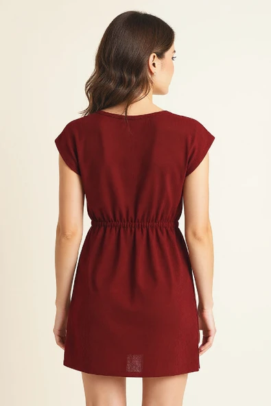 Kadın Bordo Yanları Yırtmaçlı Tokalı V Yaka Mini Plaj Elbisesi - Resim 3