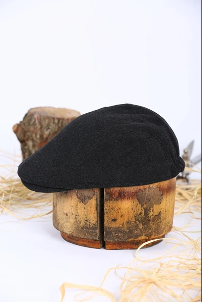 Kışlık Kaşe Şapka Yün Düz Renk Spor London Kasket -Siyah - Resim 4