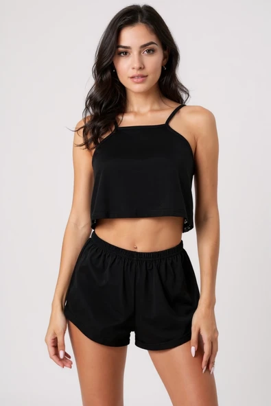 Kadın Siyah Arkası Komple Dantel Şortlu Gecelik Takım ürün görseli 1