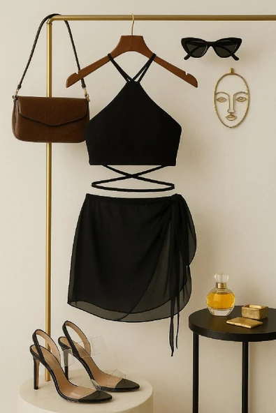 Kadın Siyah Çapraz Bağlamalı Crop ve Pareo 2'li Set - Modern ve Şık Tasarım - Resim 4