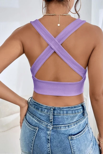 Kadın Lila Çapraz Sırt Detaylı Şık Crop Top Büstiyer - Resim 6
