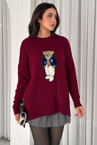 Ayıcıklı Triko Kazak - Aplike Ayıcık ve Yandan Yırtmaç Detaylı Arkadan Uzun Tasarım Bisiklet Yaka V5 - Resim 6