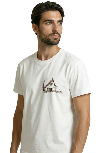 Minimalist Eskiz Köy Evi Baskılı Tasarım Premium Pamuk Erkek Tişört - Resim 4