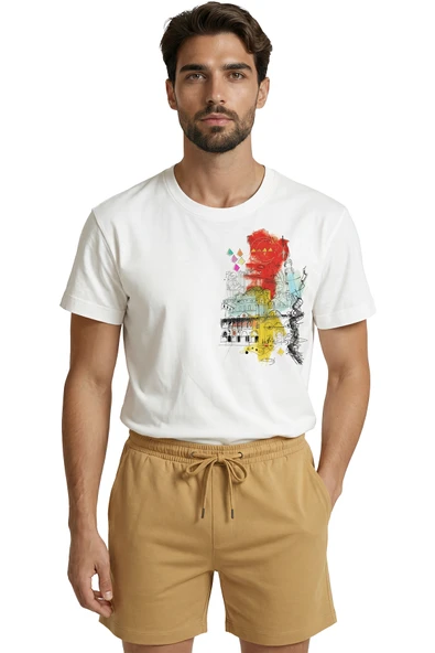 İstanbul Silüeti ve Tarihi Yarımada Sulu Boya Eskiz Baskılı Premium Erkek Tişört ürün görseli 1