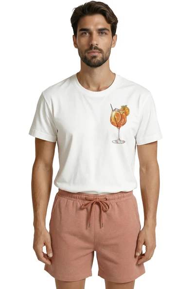 Kokteyl ve Portakal Dilimi Baskılı Premium Erkek Tişört - Resim 6