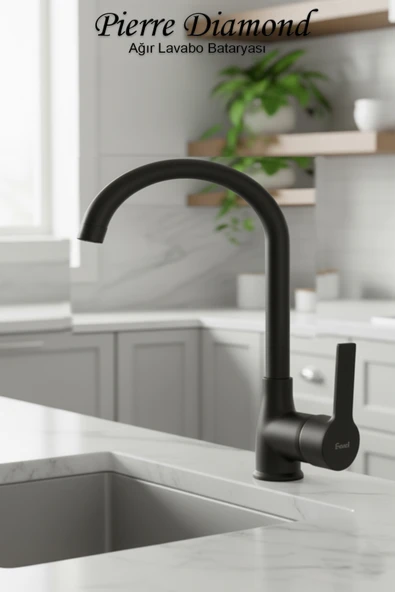 Lavabo Bataryası Siyah Renk Delta Model Ağır Tip Baston Boru Musluk Armatür ürün görseli 1