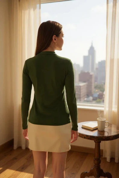 Kadın Haki Yeşili Parmak Detaylı Esnek Uzun Kollu Body - Resim 6