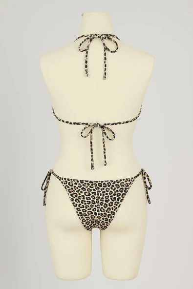 Kadın Siyah ve Leopar Detaylı Yandan Bağlamalı Bikini Takımı - Resim 3