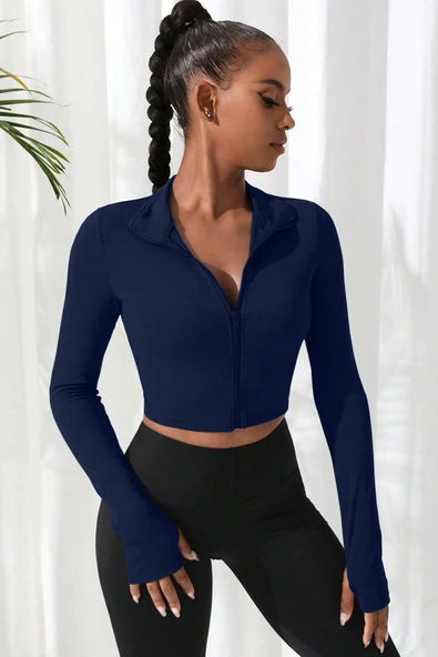 Kadın Lacivert Uzun Kol Fermuarlı Parmak Geçme Detaylı Dik Yaka Crop Top Bluz - Resim 4