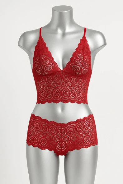 Kadın Kırmızı Dantel Bralet Şort Takımı - Tutkulu ve Çekici İç Giyim - Resim 3