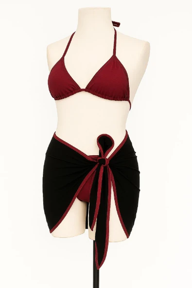 Kadın Bordo Siyah Pareolu Yandan ve Boyundan Bağlamalı 3'lü Bikini Takımı - Resim 2