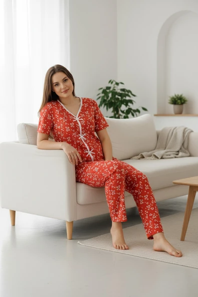 Kadın Turuncu Kalp Desenli Fiyonklu Kısa Kollu Uzun Pijama Takımı - Resim 7