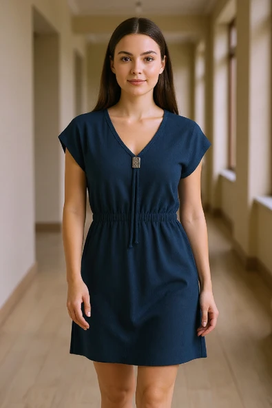 Kadın Lacivert Yanları Yırtmaçlı Tokalı V Yaka Mini Plaj Elbisesi - Resim 7