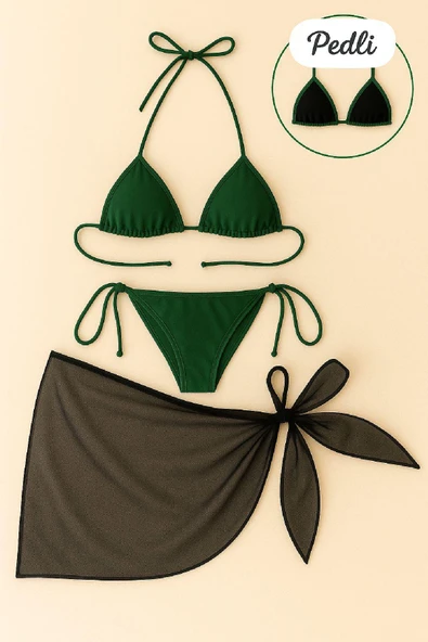 Kadın Yeşil Siyah Pareolu Yandan ve Boyundan Bağlamalı 3'lü Bikini Takımı ürün görseli 1