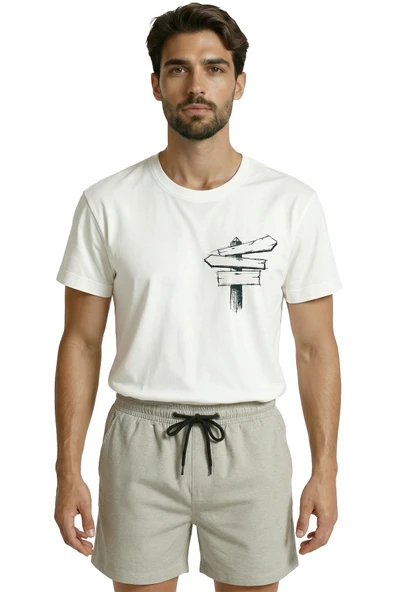 Eskiz Ahşap Yön Tabelası Baskılı Minimalist Tasarım Premium Erkek Tişört ürün görseli 1