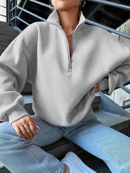 BİÇOMİ 3 iplik Şardonlu yarım fermuarlı sweatshirt gri - Resim 2