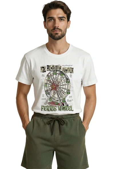 Nostaljik Lunapark ve Dönme Dolap Temalı Vintage Tasarım Premium Erkek Tişört - Resim 6